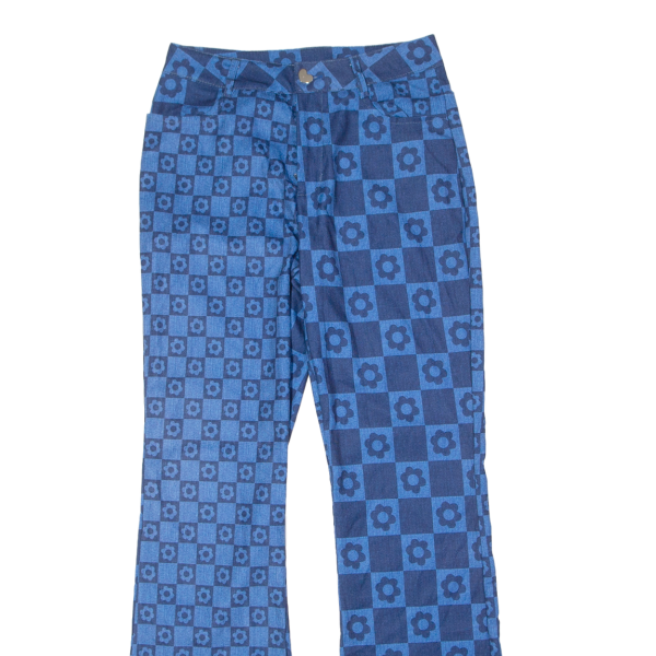 Floral Checkerboard Womens Trousers Blue Slim Flared W28 L30 For Discount