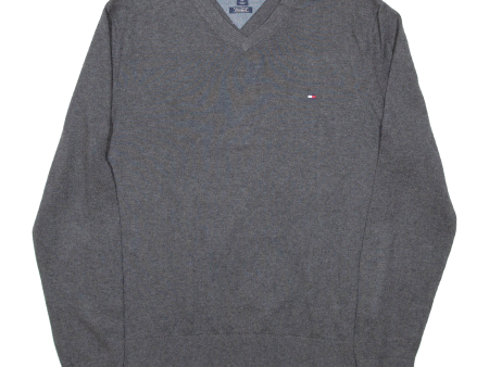 TOMMY HILFIGER Mens Jumper Grey V-Neck Tight Knit S Hot on Sale