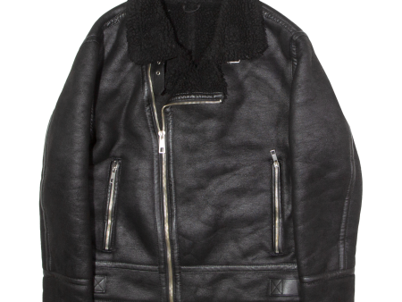 ZARA Fleece Lined Mens Flight Jacket Black Leather Faux Leather L Fashion