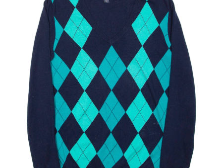 TOMMY HILFIGER Womens Patterned Jumper Blue Argyle V-Neck Tight Knit M Sale