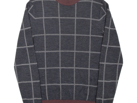 TED BAKER Mens Patterned Jumper Grey Check Crew Neck Tight Knit Wool M Sale