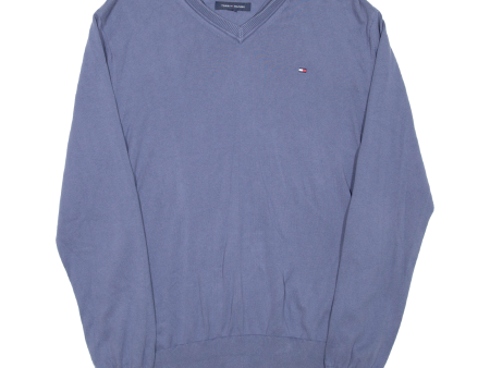 TOMMY HILFIGER Mens Jumper Blue V-Neck Tight Knit L Hot on Sale