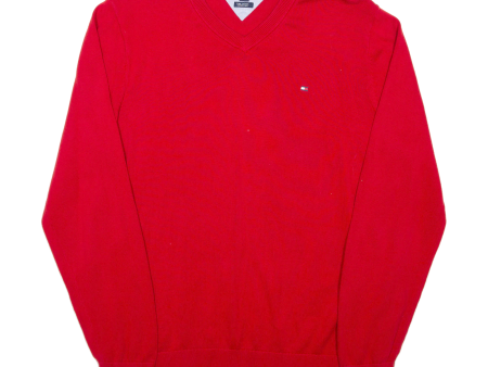 TOMMY HILFIGER Mens Jumper Red V-Neck Tight Knit XL Discount