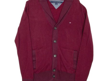 TOMMY HILFIGER Mens Cardigan Maroon Chevron V-Neck Tight Knit M Fashion