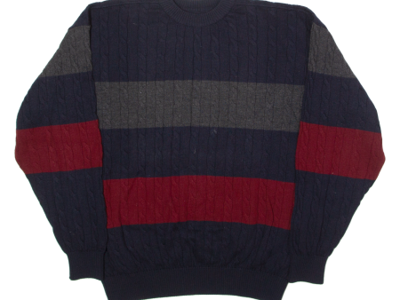 PAUL & SHARK Mens Patterned Jumper Blue Striped Crew Neck Cable Knit Wool 2XL For Discount