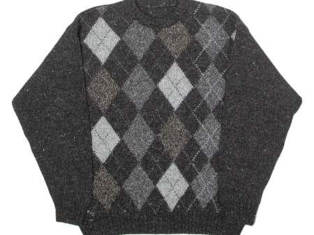 Mens Patterned Jumper Black Argyle Crew Neck Tight Knit Wool L For Cheap