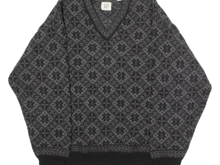 GAP Snowflake Mens Patterned Jumper Black Crew Neck 90s Wool XL on Sale